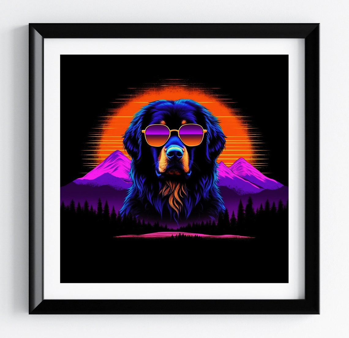 Bernese Mountain Dog Orange Sun Pine Retro Dog Portrait Poster