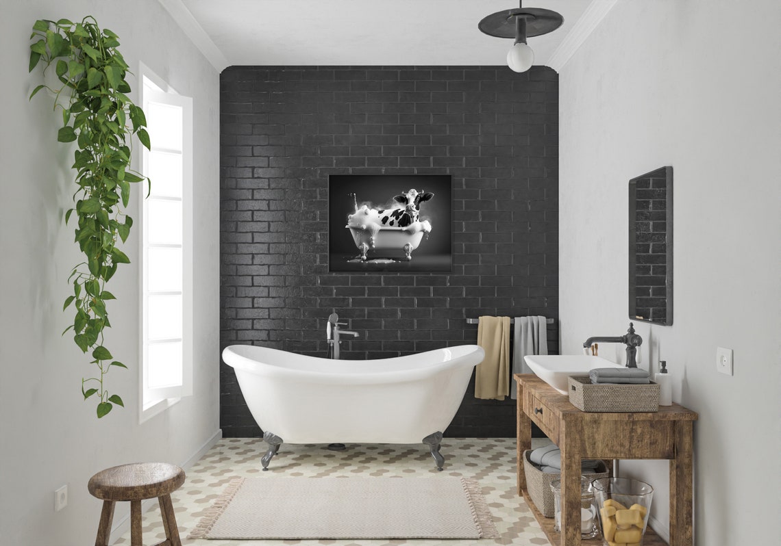 Cow In Bubble Bath Vintage Tub Black And White Bathroom Poster - Image 2