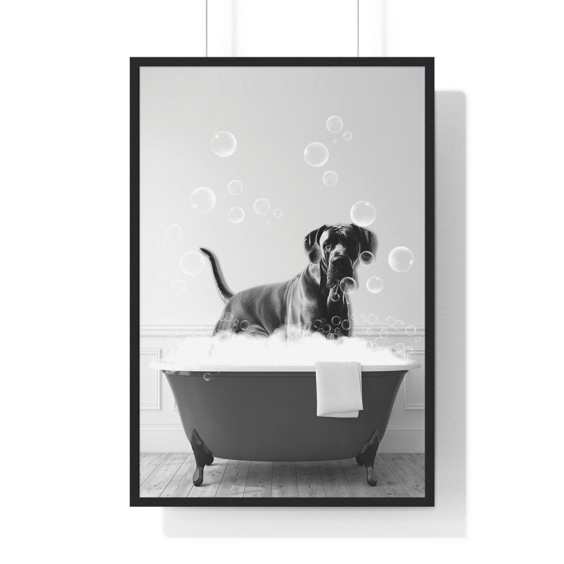 Great Dane in a Bubble Bath Black and White Funny Bathroom Poster