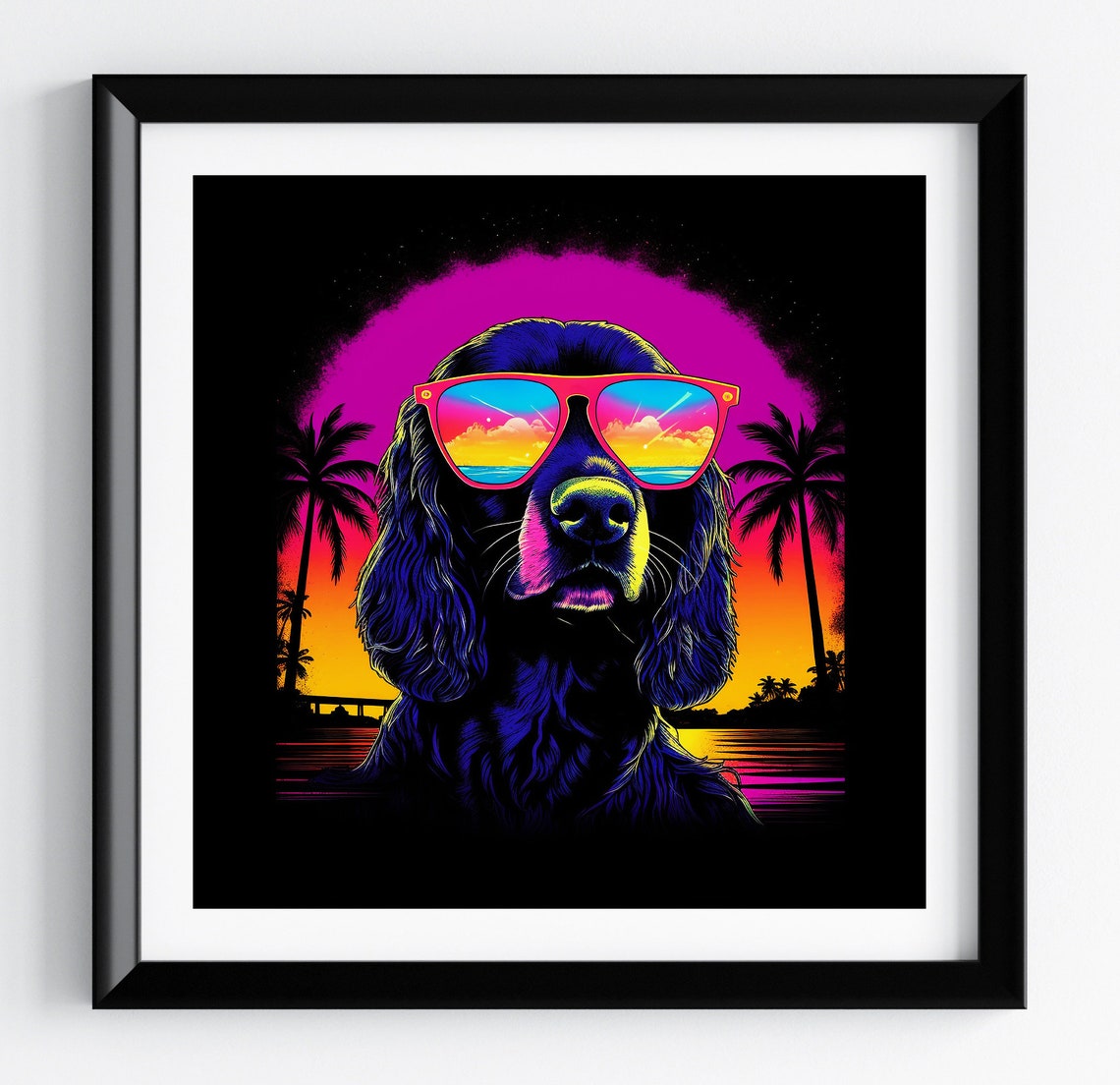 Springer Spaniel Neon Skyline Palm Sunset Dog Portrait Poster