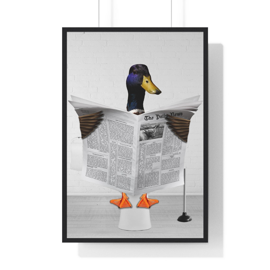 Mallard Duck Reading the News on the Toilet Funny Bathroom Poster