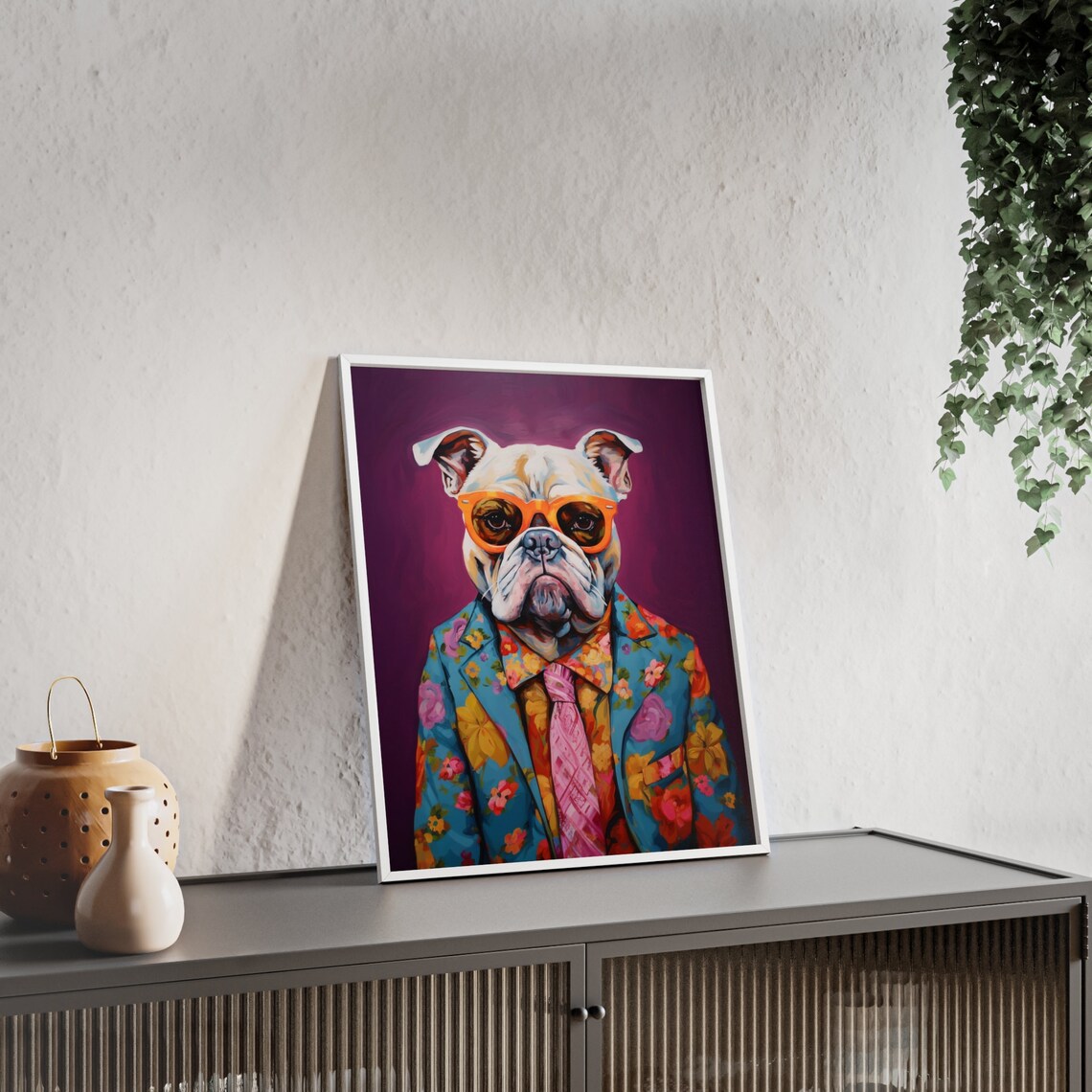 English Bulldog In Orange Sunglasses Floral Suit Funny Dog Poster - Image 2
