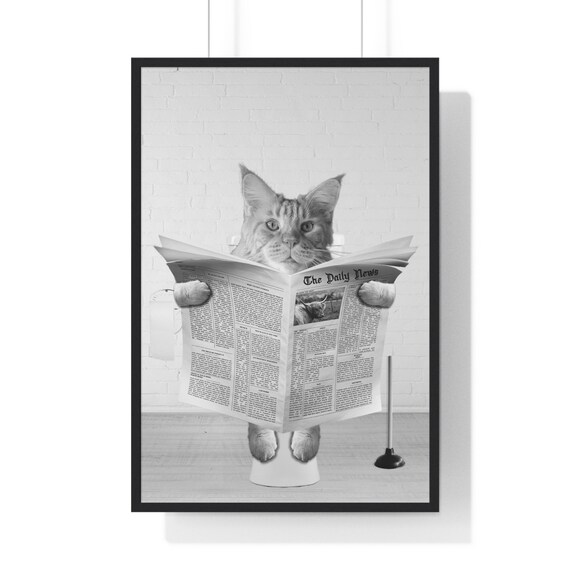 Tabby Kitten Reading Newspaper on Toilet Funny Bathroom Poster