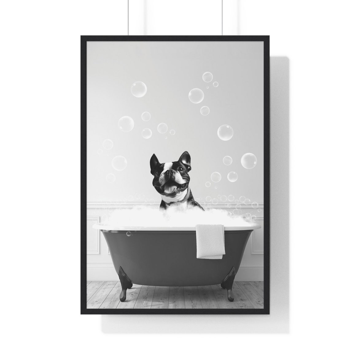 Boston Terrier in Bubble Bath Tub Funny Black and White Poster