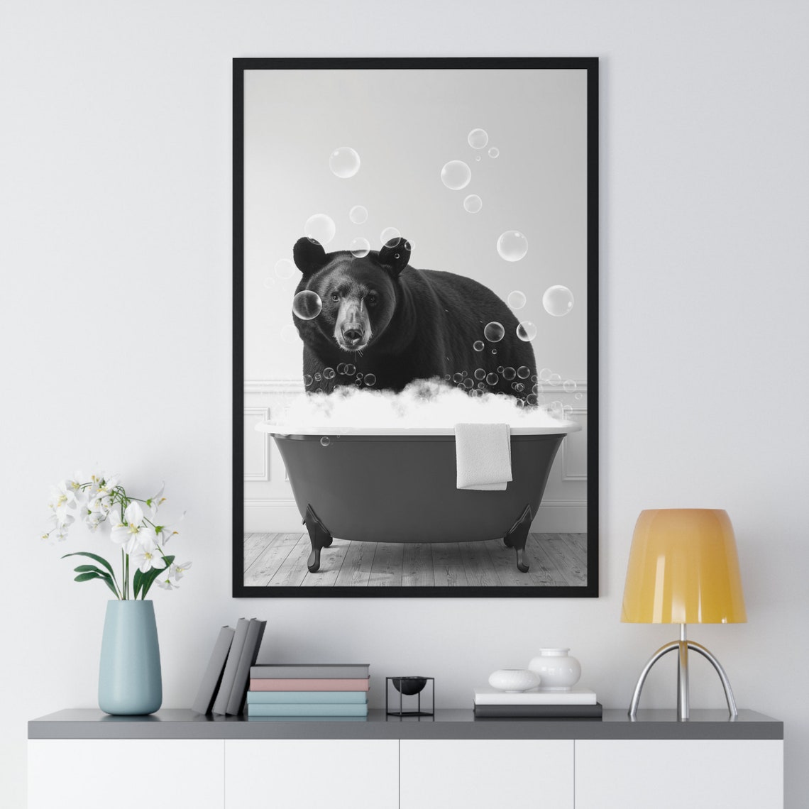 Black Bear Soaking in Bubble Bath Black and White Funny Poster - Image 2