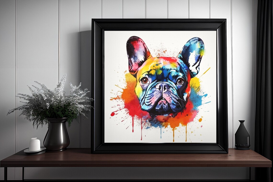 French Bulldog Watercolor Splatter Portrait Colorful Dog Poster