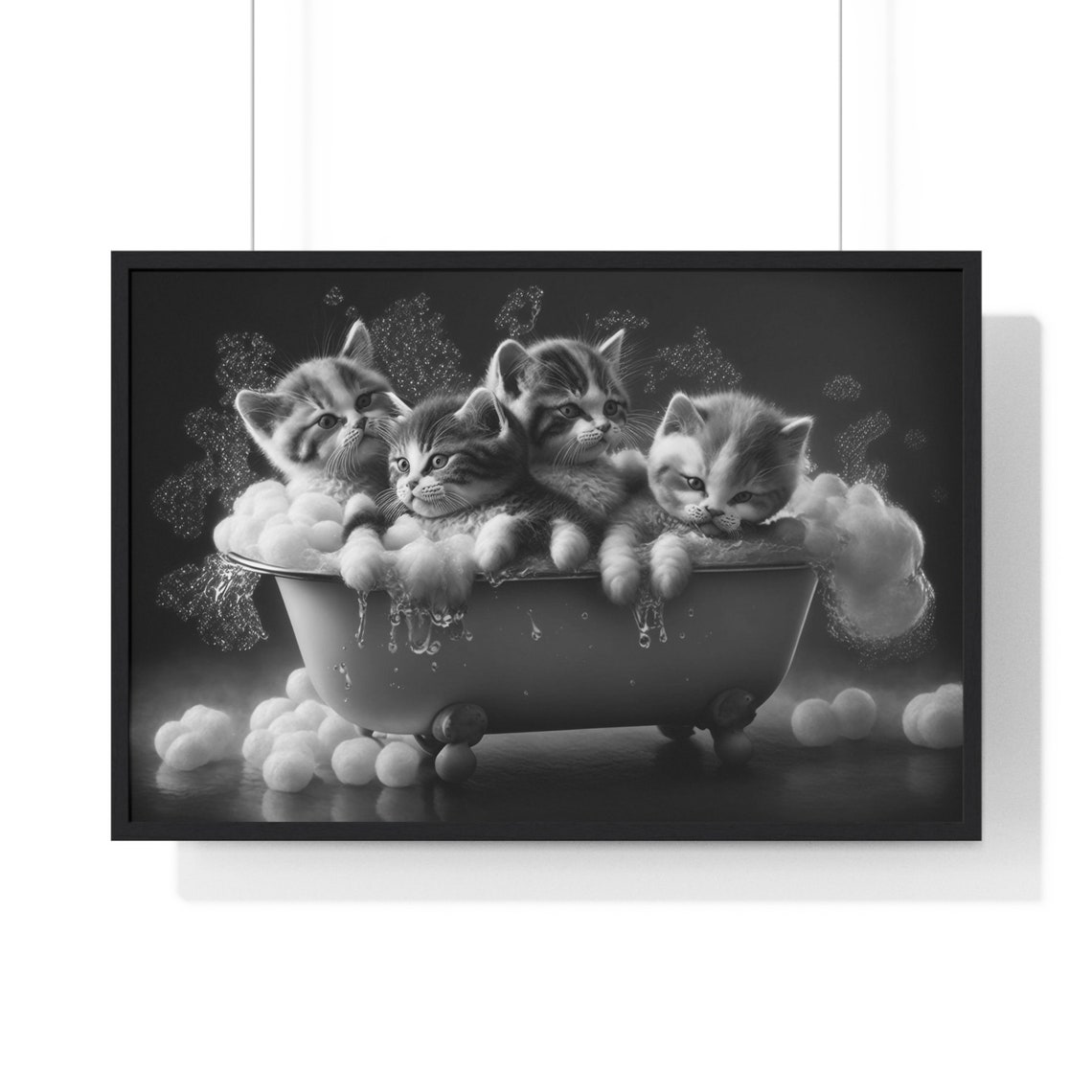 Four Kittens Playing In Bubble Bath Vintage Tub Black And White Poster