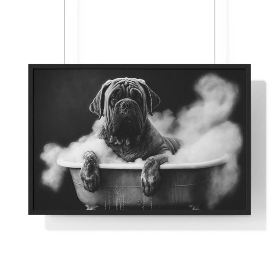 Mastiff In A Bathtub Print Funny Bathroom Print Animal In Bathtub Mastiff In A Tub Print Black And White Whimsy Animal Art