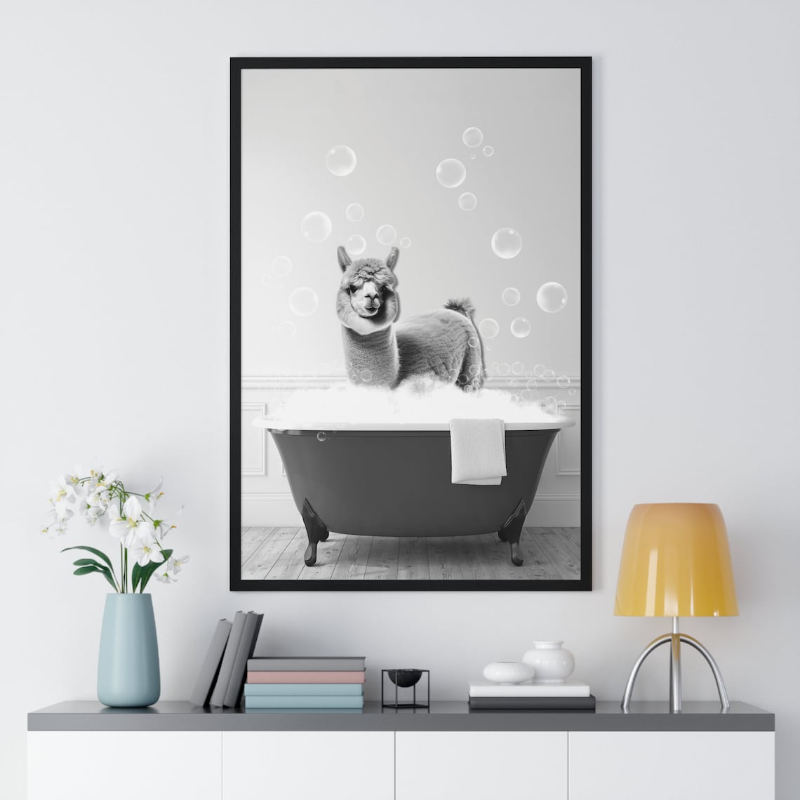 Alpaca In Bubble Bath Clawfoot Tub Funny Black And White Bathroom Poster - Image 2
