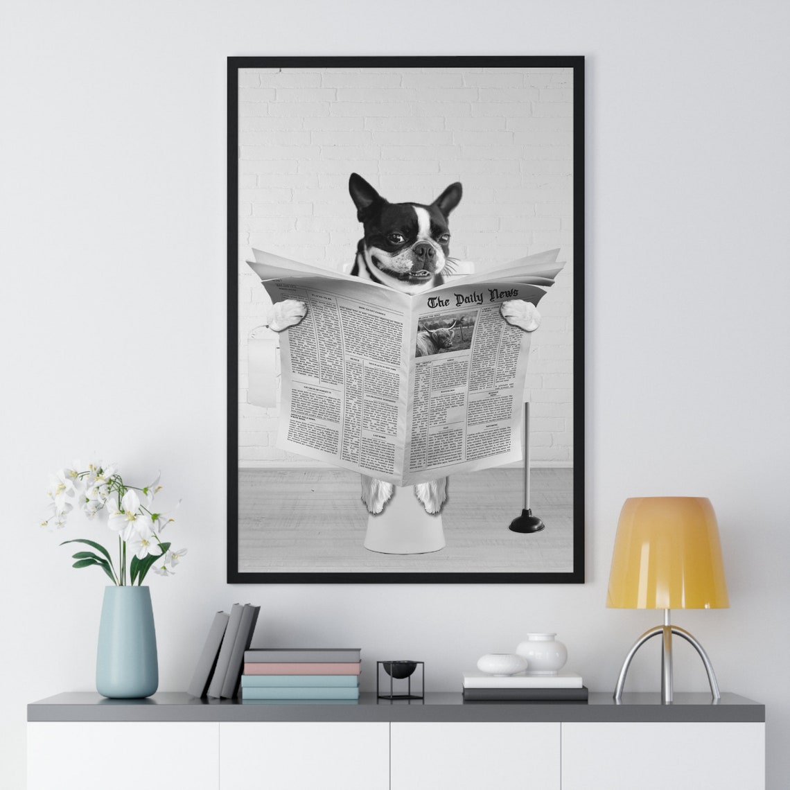Boston Terrier Reading Newspaper on Toilet Funny Bathroom Poster - Image 2