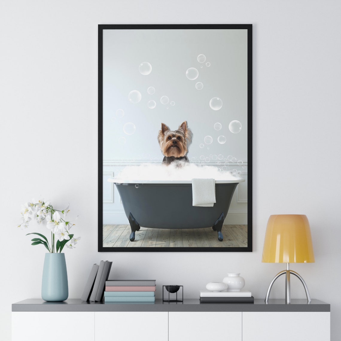 Yorkshire Terrier in Bubble Bath Funny Dog Bathroom Art Poster - Image 2
