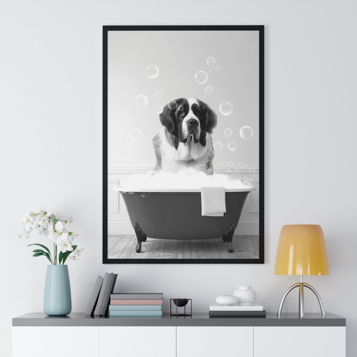 Saint Bernard Dog in a Bubble Bath Black and White Funny Poster - Image 2