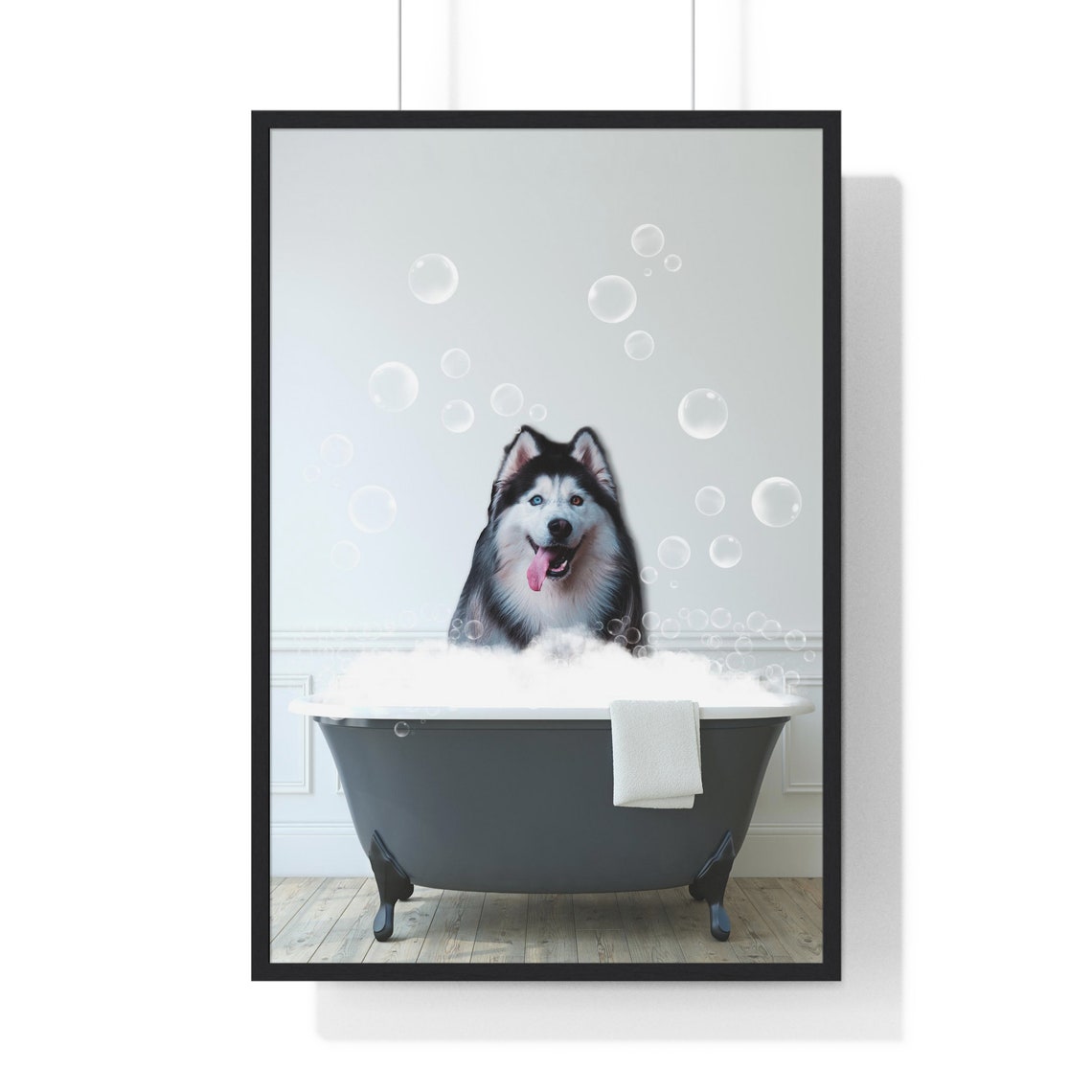Fluffy Malamute in Bubble Bath Funny Dog Bathroom Art Poster