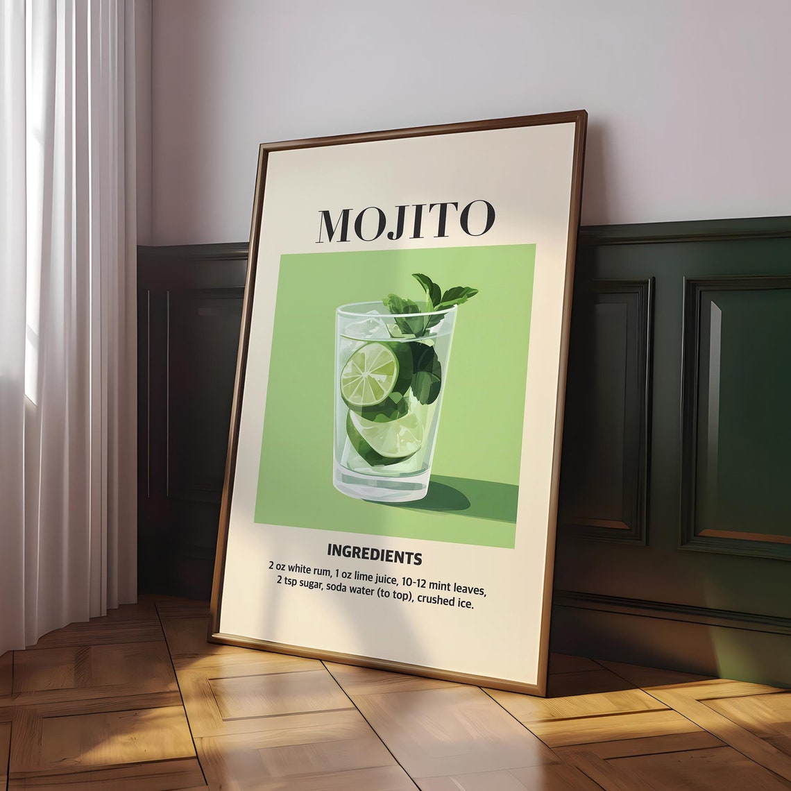 Classic Mojito Recipe Poster Fresh Mint Lime Illustration Bar Gift