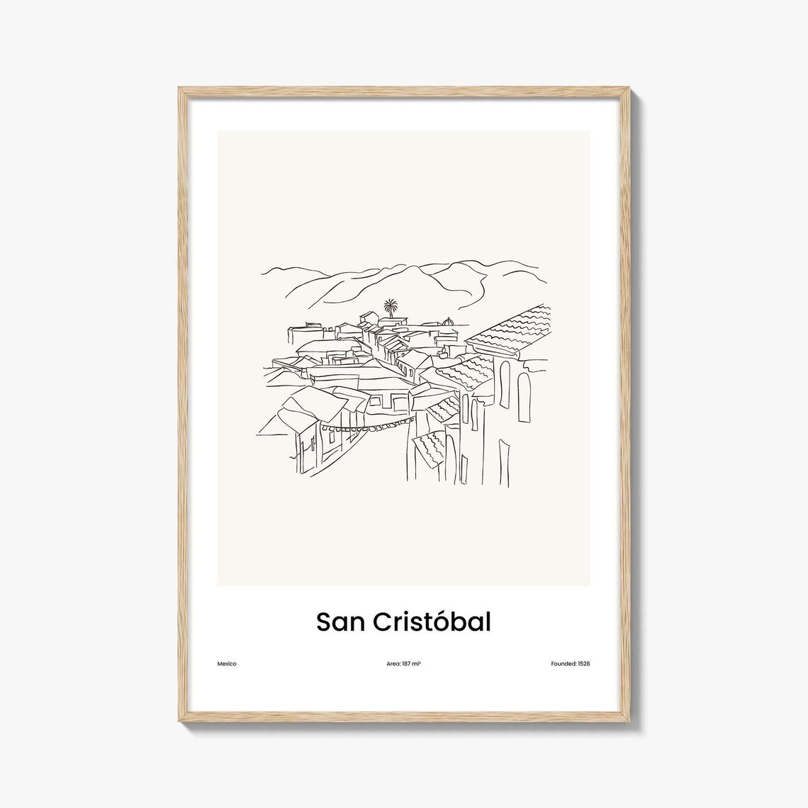San Cristobal Mexico One Line Drawing Colonial Rooftops Mountain Art Poster