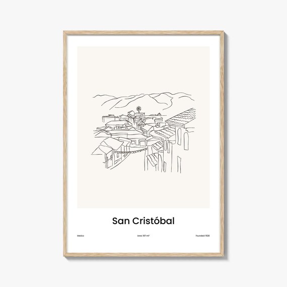 San Cristobal Mexico One Line Drawing Colonial Rooftops Mountain Art Poster