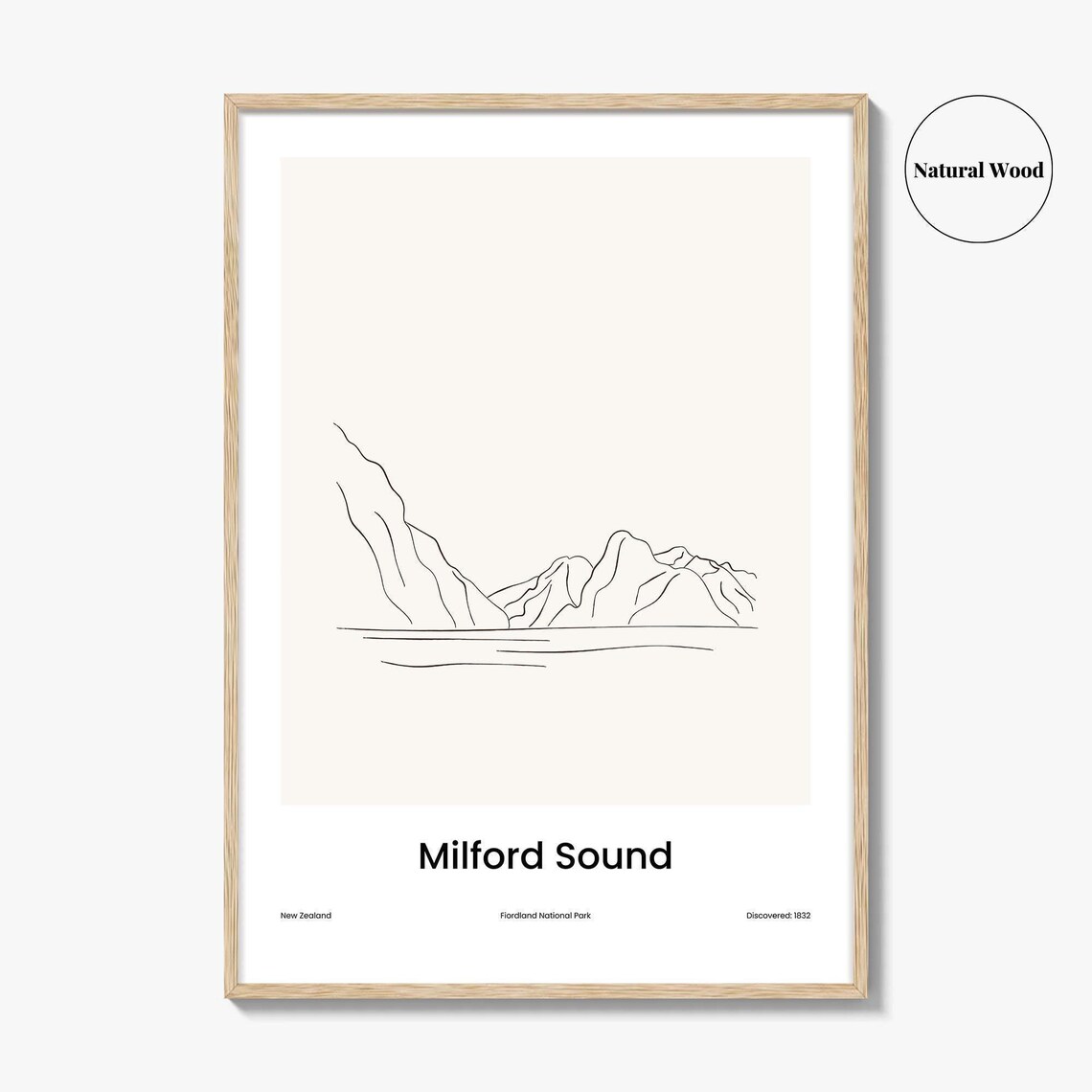 Milford Sound New Zealand Fjord Line Drawing Landscape Poster - Image 2