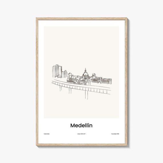 Medellin Colombia City Skyline Minimalist Line Drawing Art Poster
