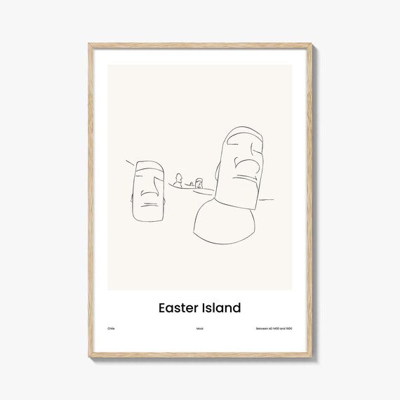 Easter Island Chile Moai Statues Minimalist Line Drawing Art Poster