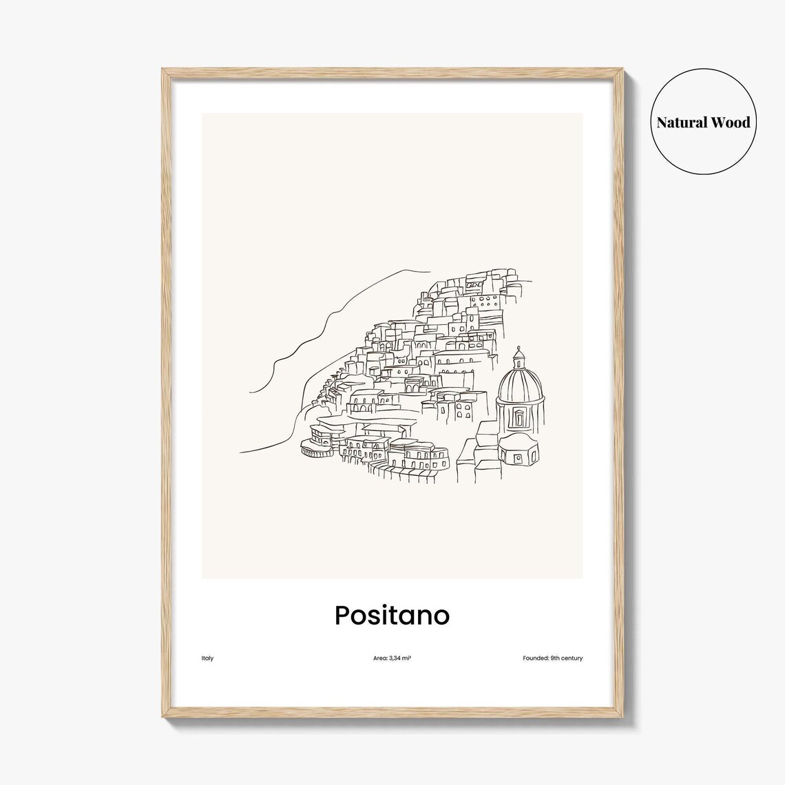 Positano Italy One Line Drawing Cliffside Village Dome Church Art Poster - Image 2