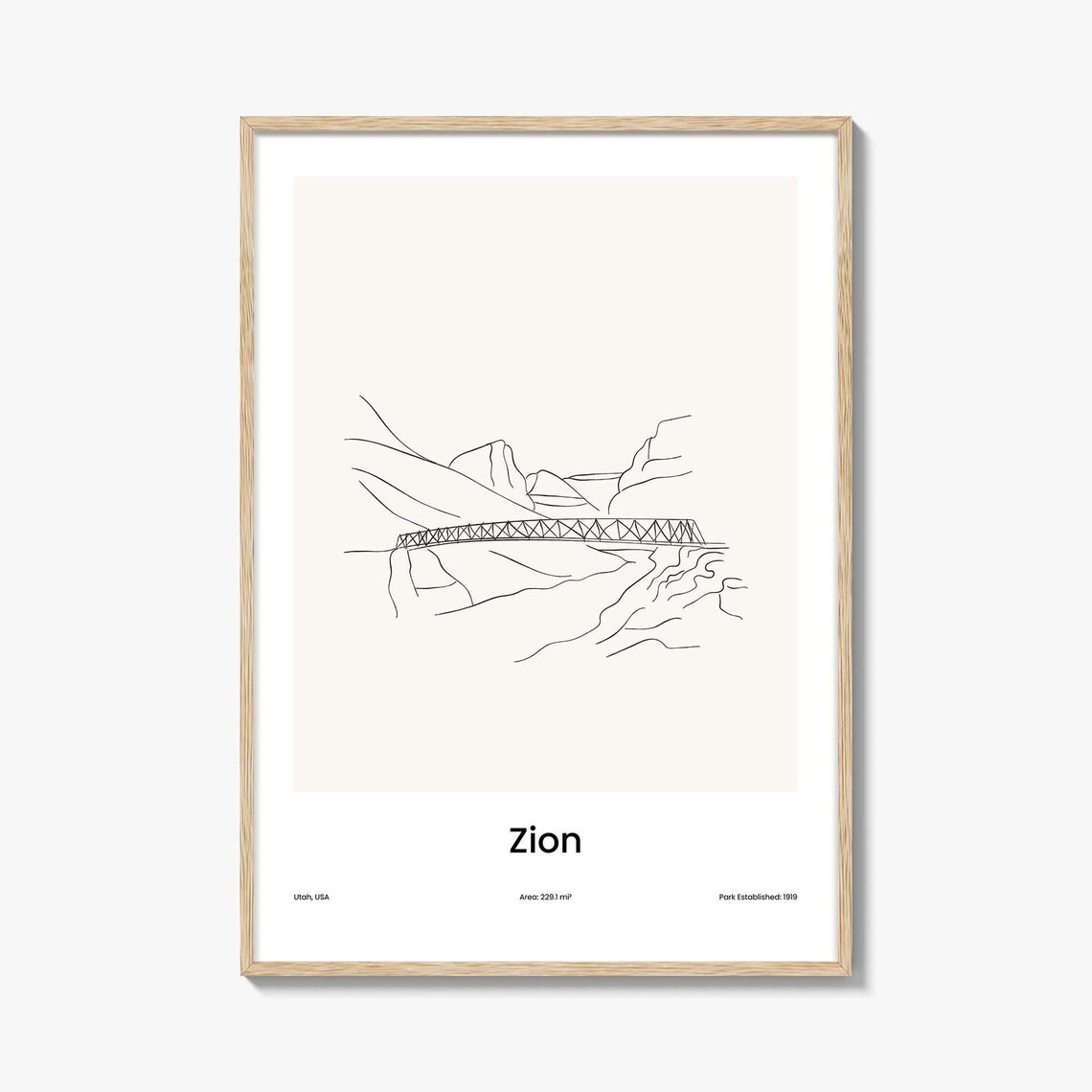Zion Utah National Park Bridge Canyon Line Art Poster Minimalist Travel Home Gift