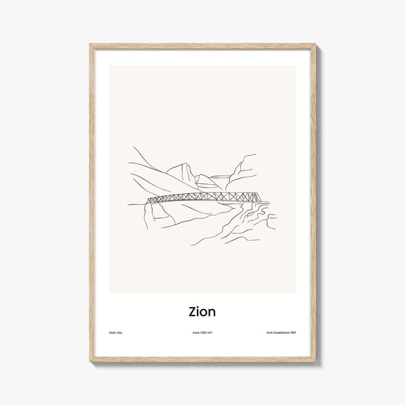 Zion Utah National Park Bridge Canyon Line Art Poster Minimalist Travel Home Gift