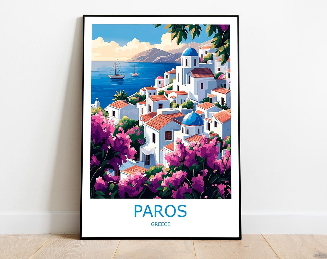 Paros Greece Whitewashed Village And Blue Domes Travel Poster