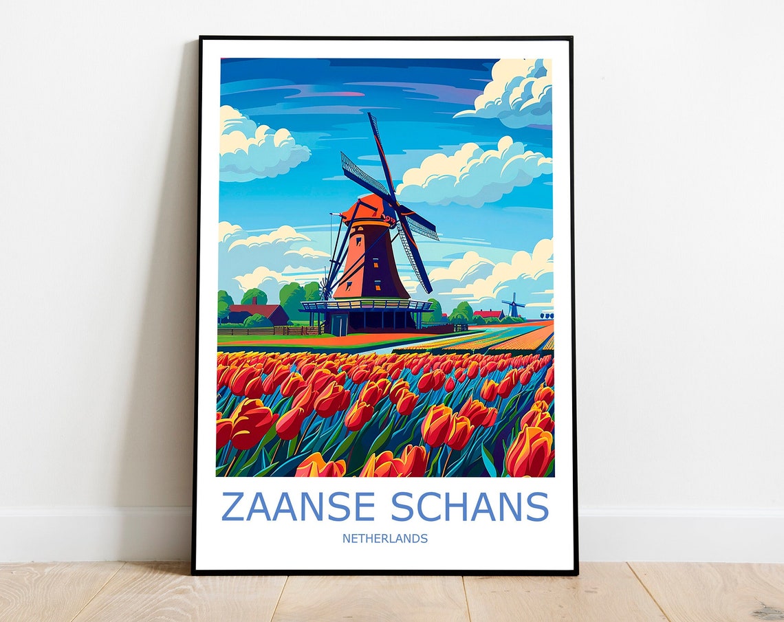 Zaanse Schans Windmill Red Tulip Fields Dutch Scene Travel Poster