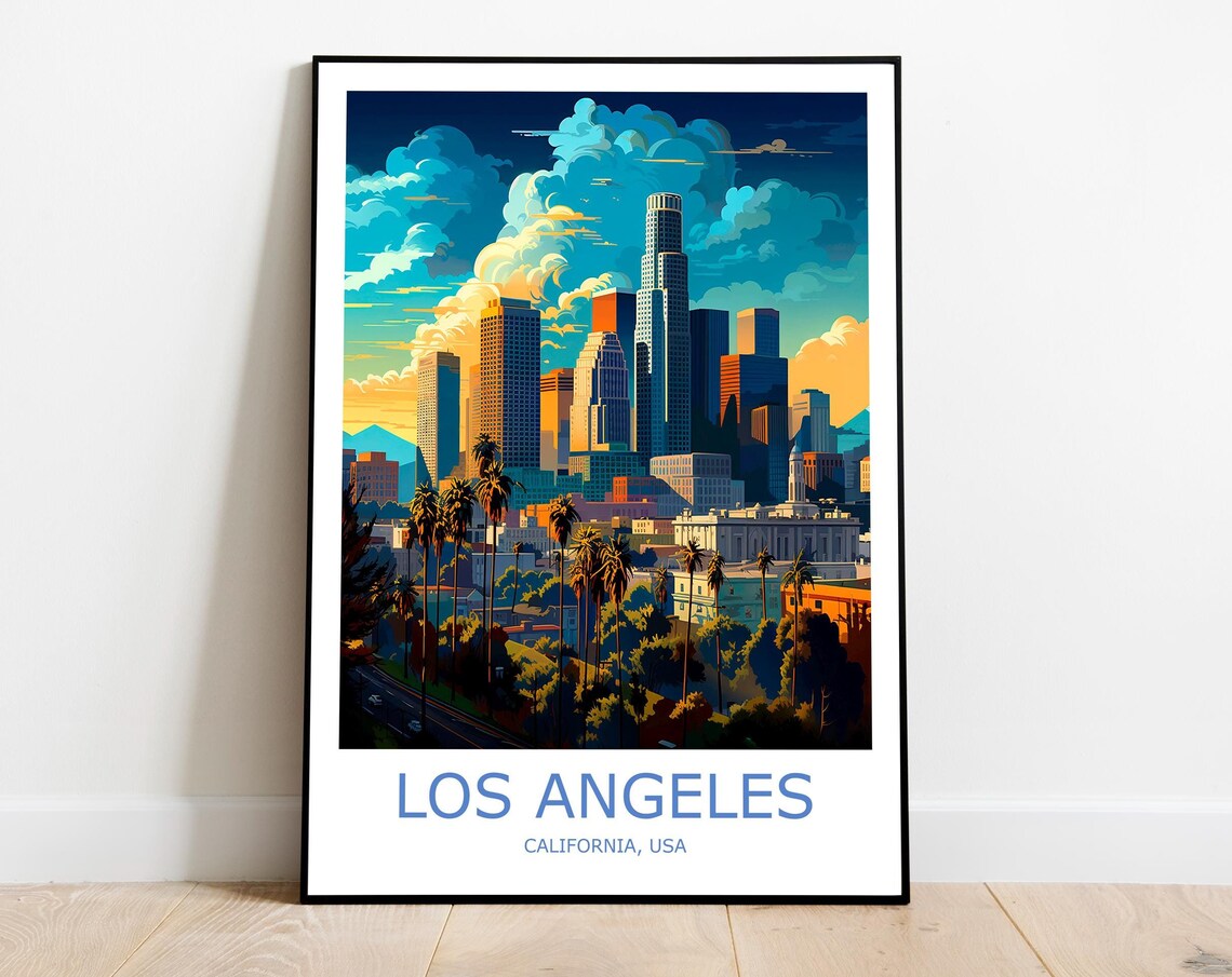 Los Angeles California Downtown Skyline Sunset Travel Poster