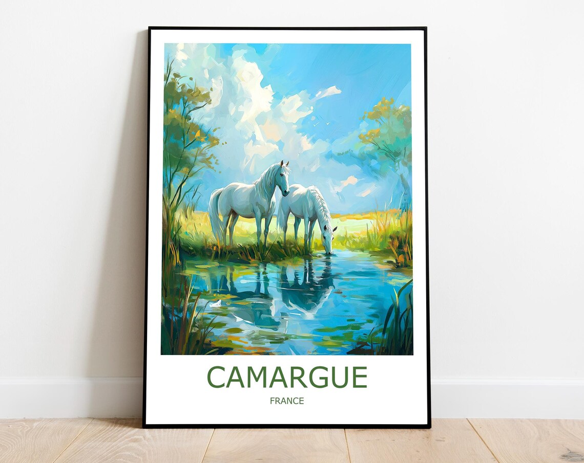 Camargue White Horses at the Marsh Water France Nature Poster