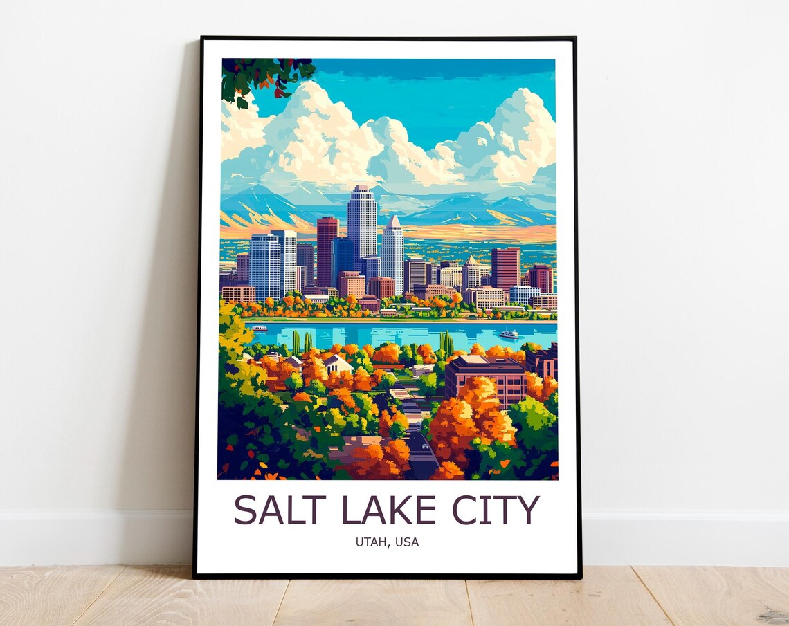 Salt Lake City Skyline Autumn Foliage Utah USA Travel Poster