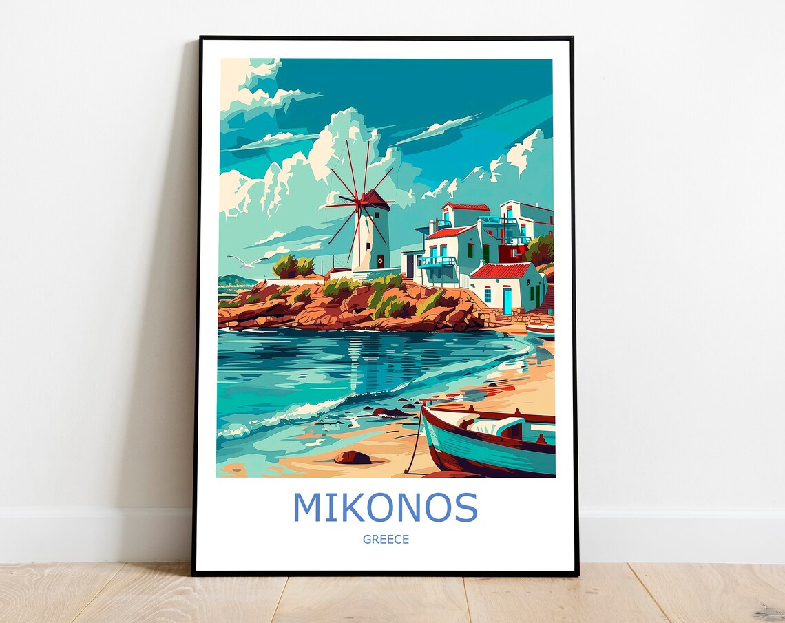 Mikonos Greece Windmill On The Beach And Blue Sea Travel Poster