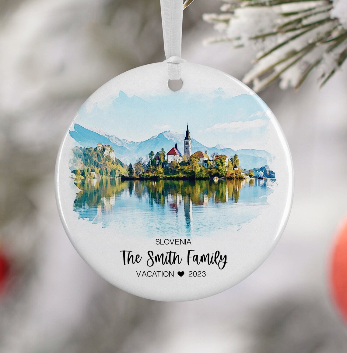 Slovenia Lake Bled Watercolor Family Vacation Ornament Art Print