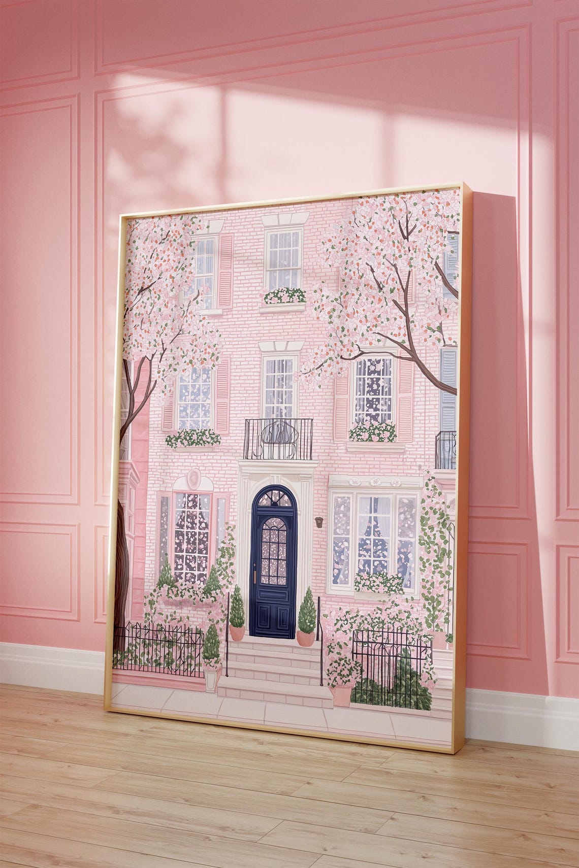 Pink Townhouse Facade Poster With Cherry Blossom Trees in Bloom