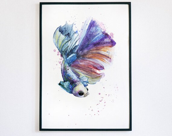 Betta Fish Watercolor Instant Fish Art Fish Painting Blue Betta Fish Wall Decor Betta Painting Watercolor