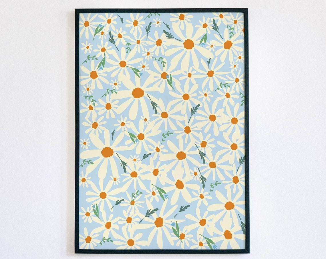 White Daisies on Soft Blue Hand Drawn Floral Pattern Spring Poster - Image 4