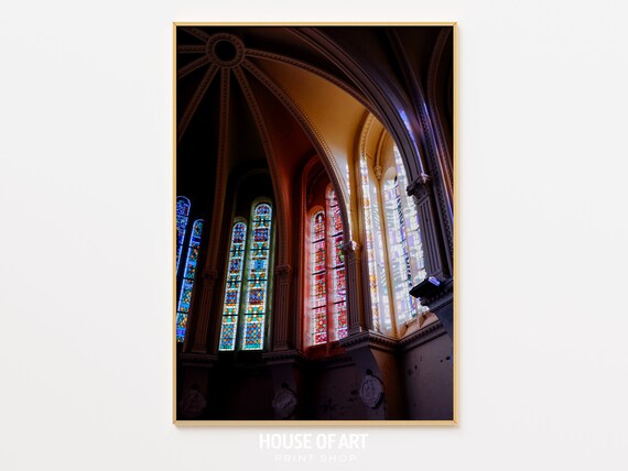 Gothic Church Interior Stained Glass Windows Vaulted Ceiling Photo Print