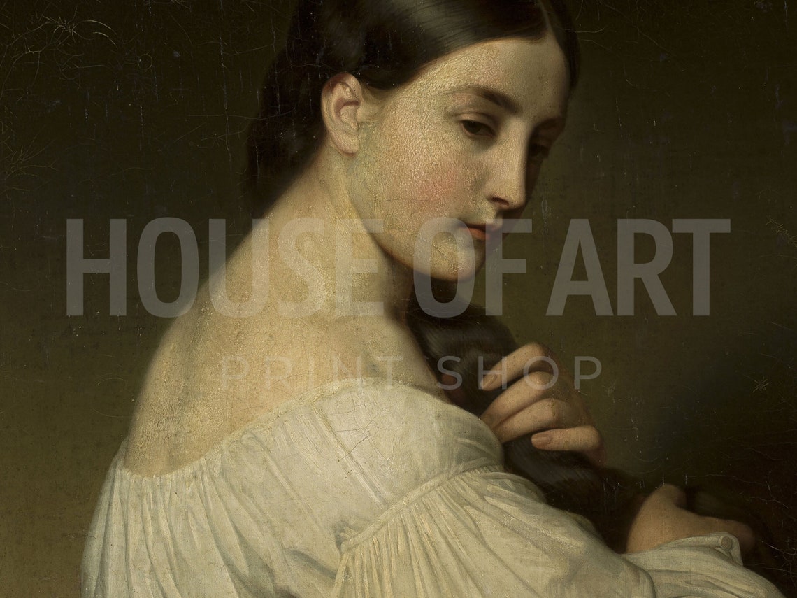 Frame Tv Art 4k Vintage Portrait Oil Painting Classic Beautiful Female Artwork Serene Woman With Hands In Dark Brown Hair - Image 2