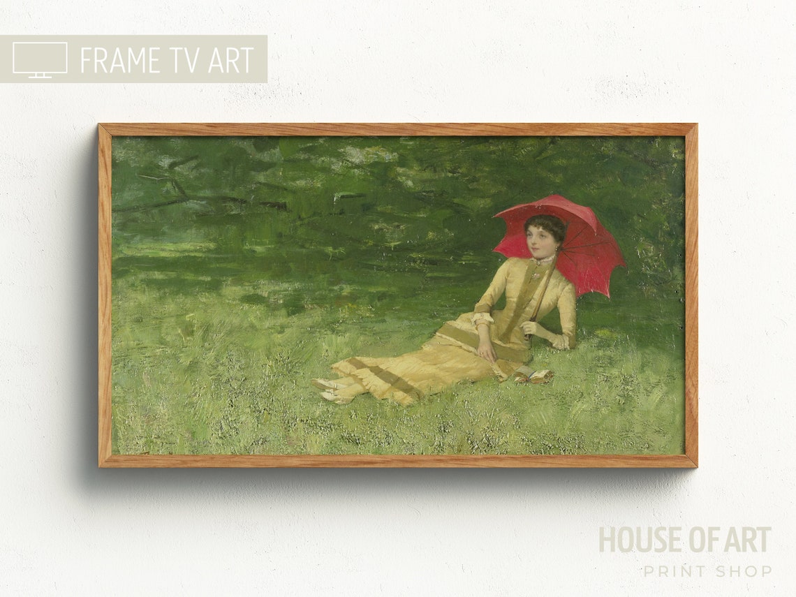 Frame Tv Art 4k Vintage Portrait Of A Woman Laying In The Park Oil Painting Red Umbrella Shade Summer Elegant Girl Garden