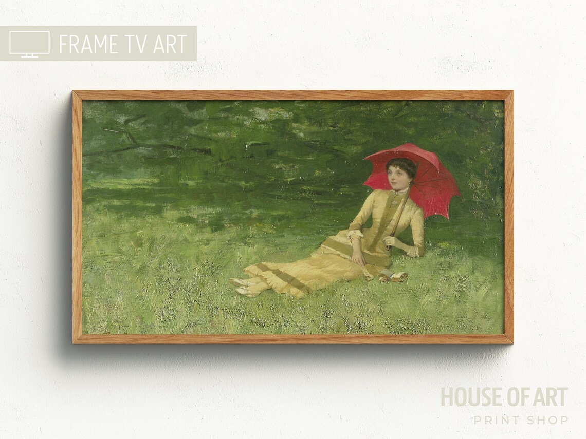Woman With Red Umbrella Reclining In Green Park Vintage Poster