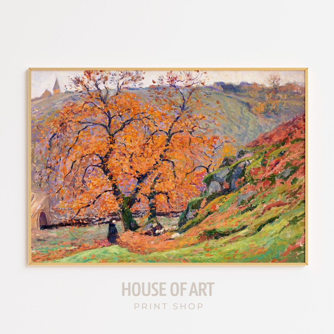 Impressionist Autumn Countryside Orange Tree Village Church Oil Poster