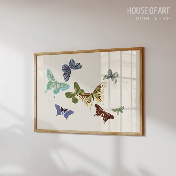 Japanese Butterflies Illustration Vintage Color Woodcut Print Colorful Flying Butterflies Retro Gallery Wall Print Wall Art