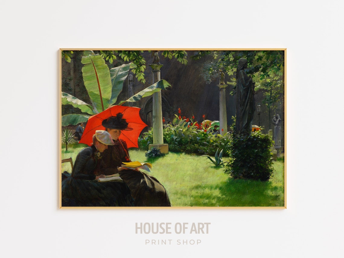 Women In Cluny Garden Artwork Red Parasol Sun Shade Instant Print Summer French Fashion Portrait Oil Painting