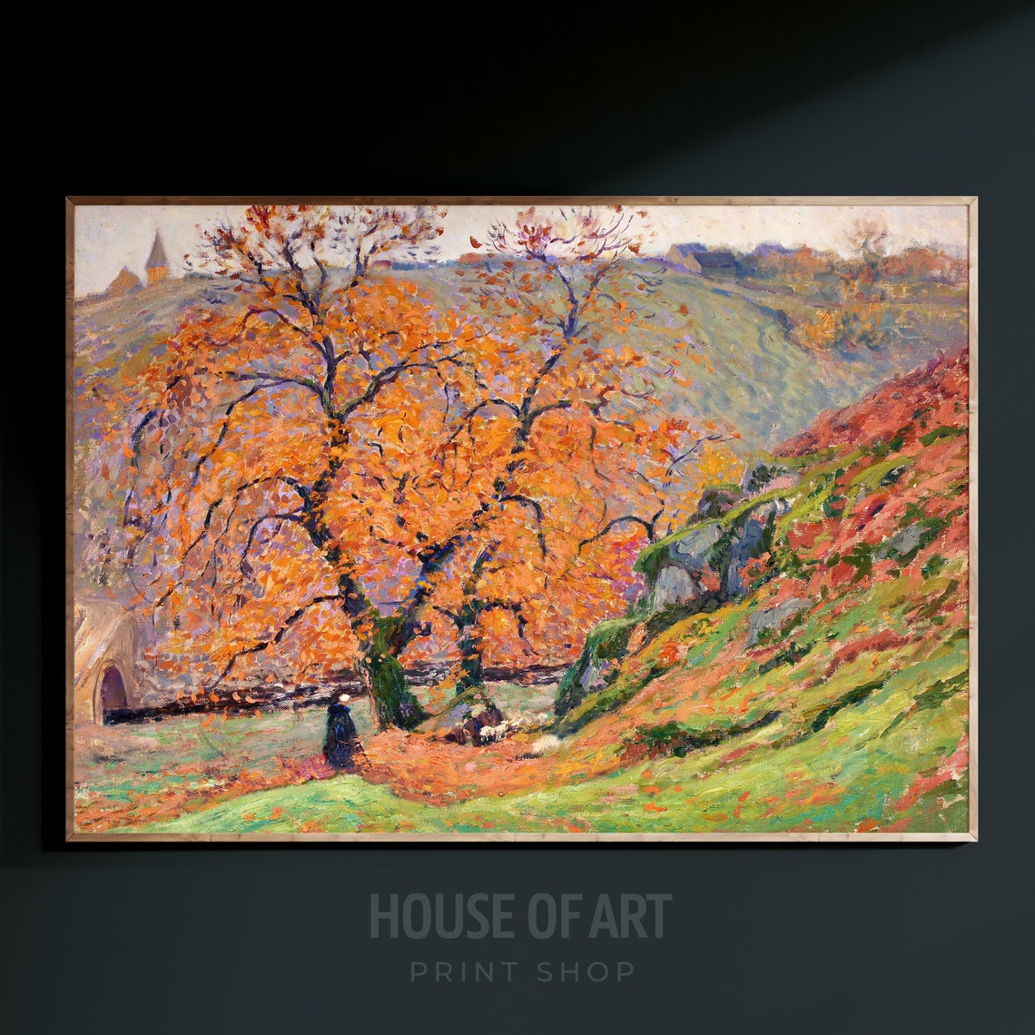 Impressionist Autumn Countryside Orange Tree Village Church Oil Poster - Image 3