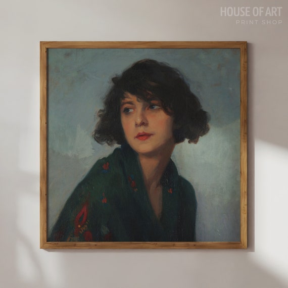 Moody Woman Portrait Print Vintage Young Woman Painting Portrait Of A Girl Square Art Print Classical Beauty Wall Art