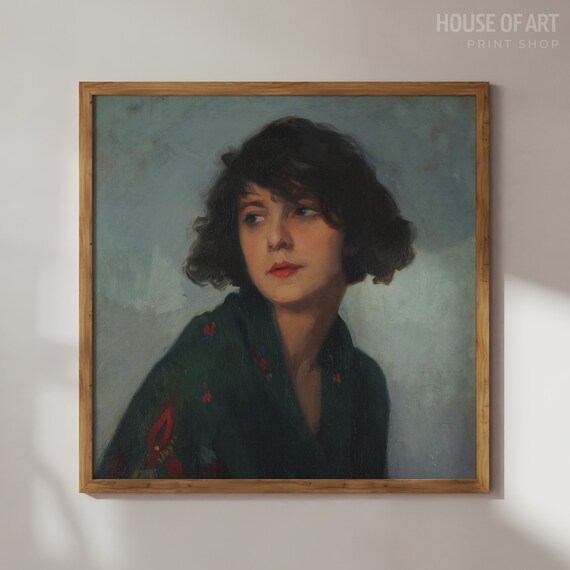Moody Young Woman Portrait Dark Curly Hair Red Lips Classic Painting Print