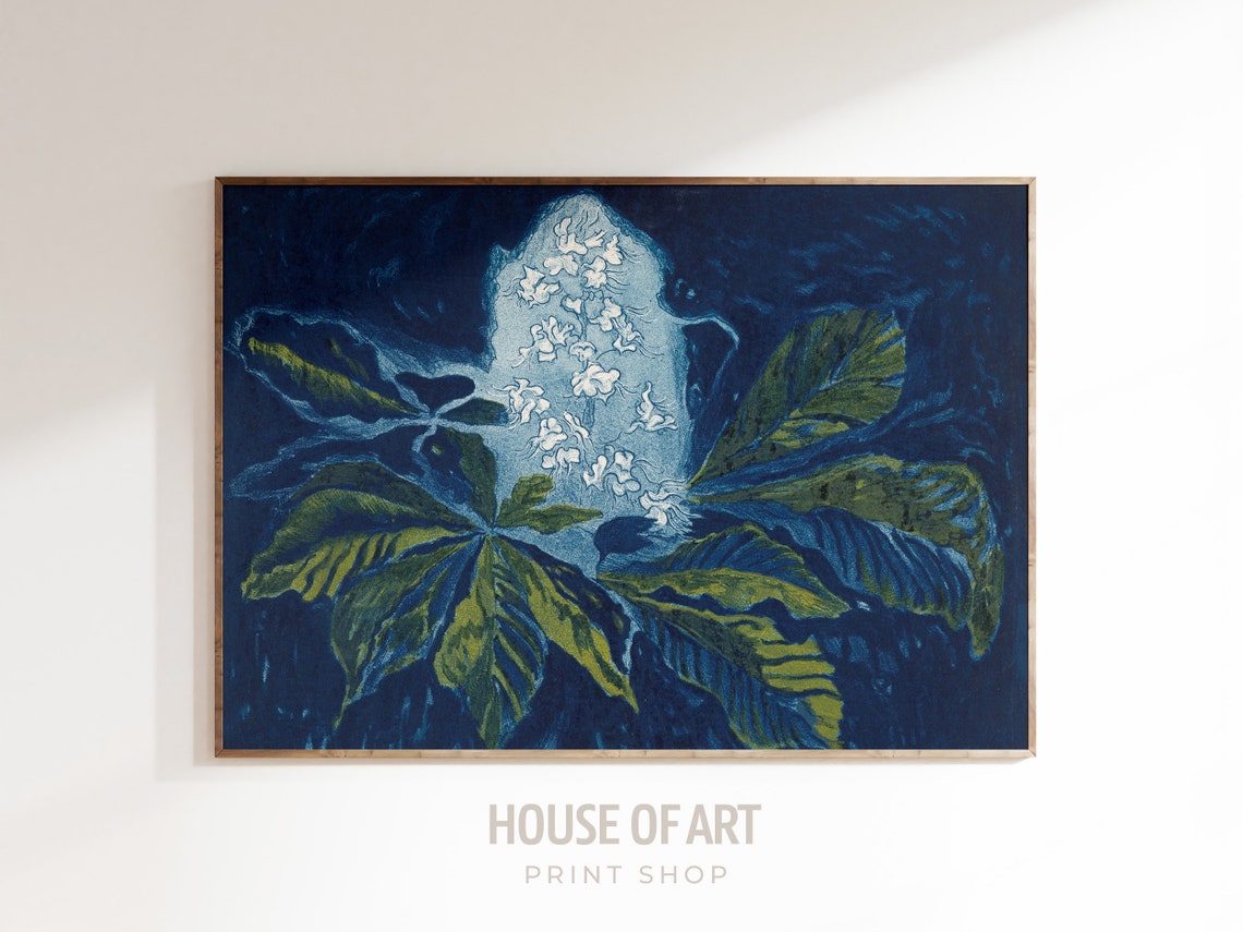 Blossoming Chestnut Branch Blue Botanical Illustration Art Wall Print