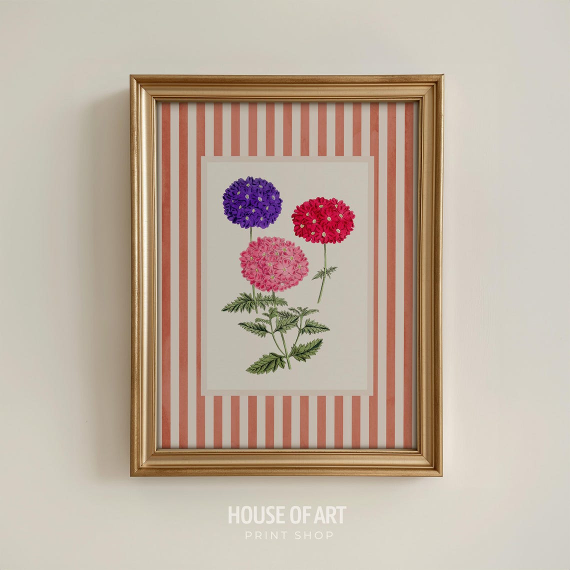 Vintage Hydrangea Botanical Study on Striped Coral Floral Print