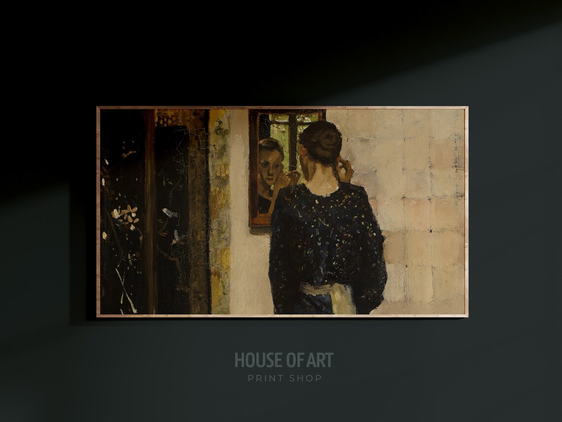 Woman Before Mirror Vintage Dark Dress Portrait Painting Art Poster - Image 3