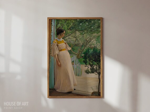 Woman In White Dress Garden Doorway Vintage Portrait Painting Art Print